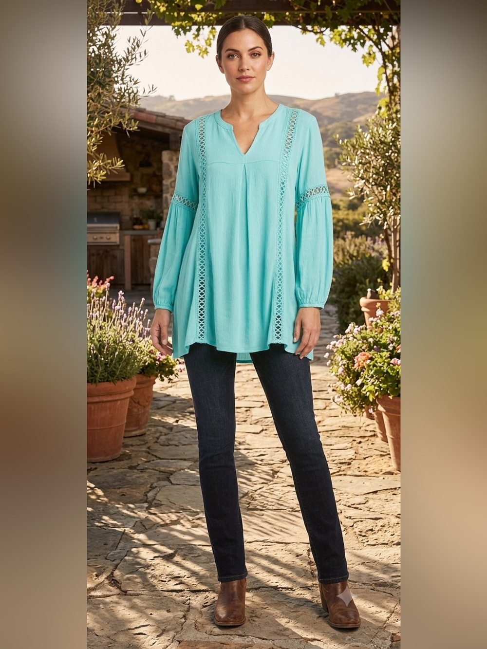 Ariat Women’s Vivid Tunic Sea Glass Crochet Detail Top | Petite Small